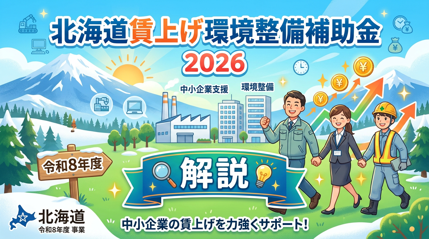 Hokkaido wage increase subsidy program for 2026 with businesspeople and construction worker holding hands and financial growth icons