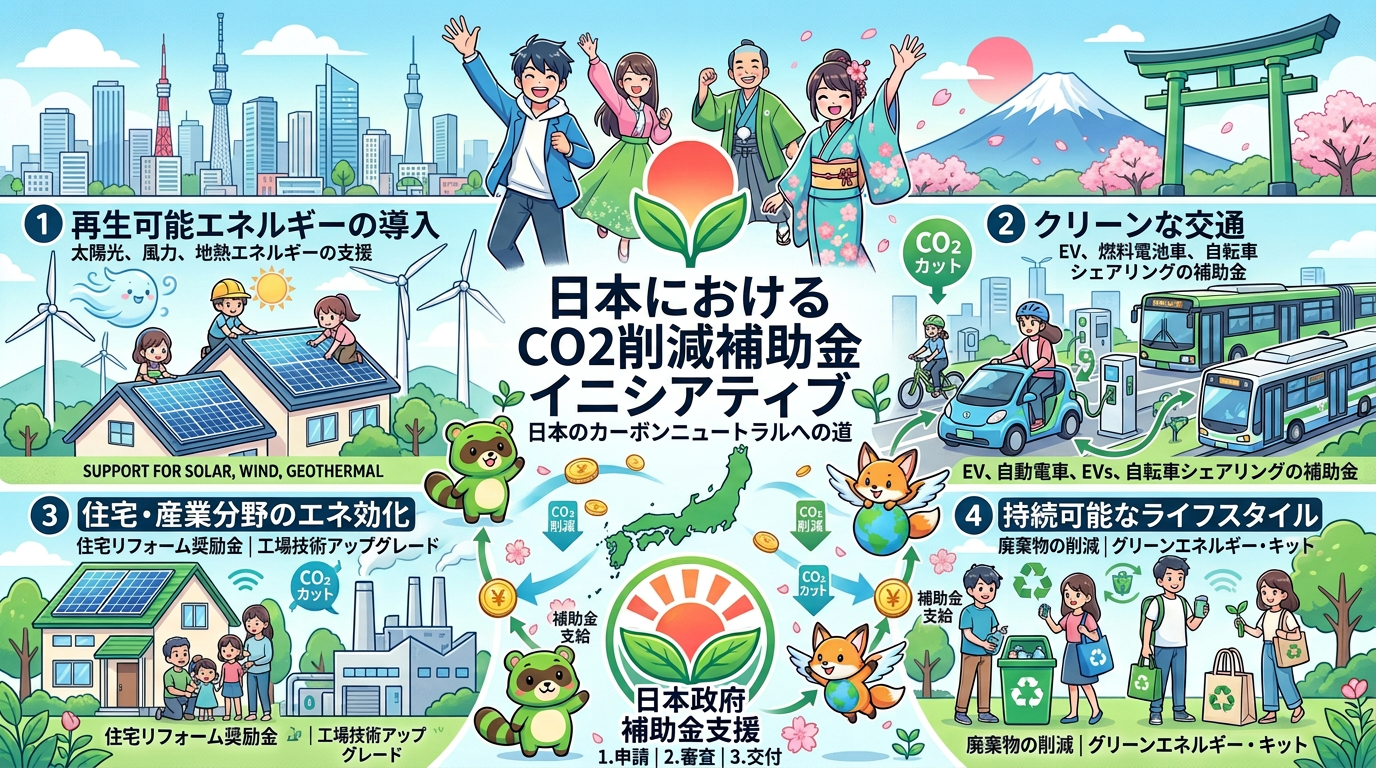 Infographic of Japan's CO2 reduction strategies including renewable energy, clean transportation, energy efficiency in housing and industry, and sustainable lifestyles.